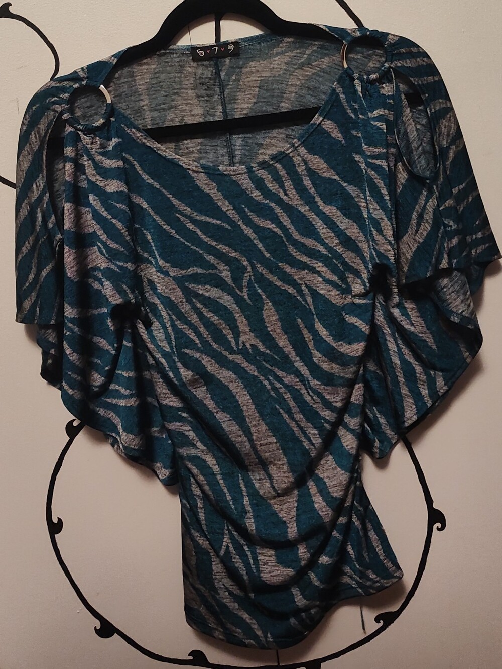 Teal and Gray Zebra Print Flutter Sleeve Top